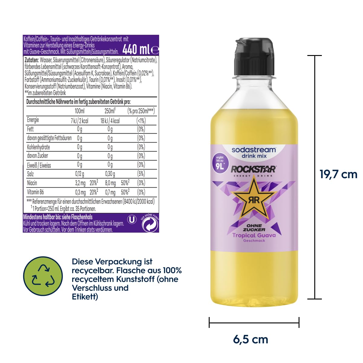 Detalle de Sodastream drink mix Rockstar Energy Tropical Guava ohne Zucker – 4er Pack, 4 × 440 ml