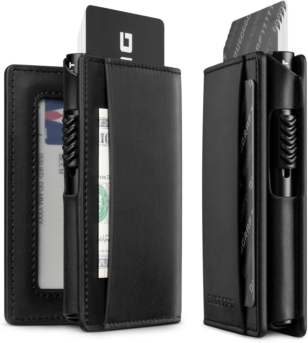 Detalle de DUGRAFT Minimalist Aluminium Pop-Up Card Wallet with RFID Blocking – Black