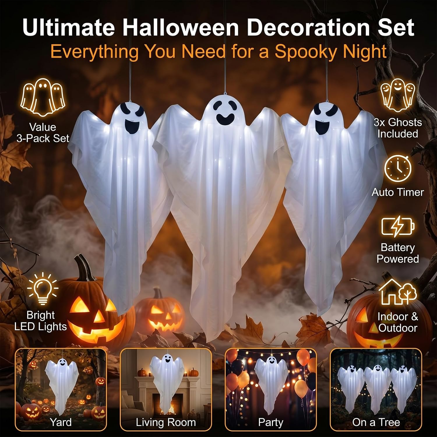 Detalle de BCLGSHINE 3-Pack Hanging Ghost Decorations, 32-Inch with 45 LEDs and Witch Hats
