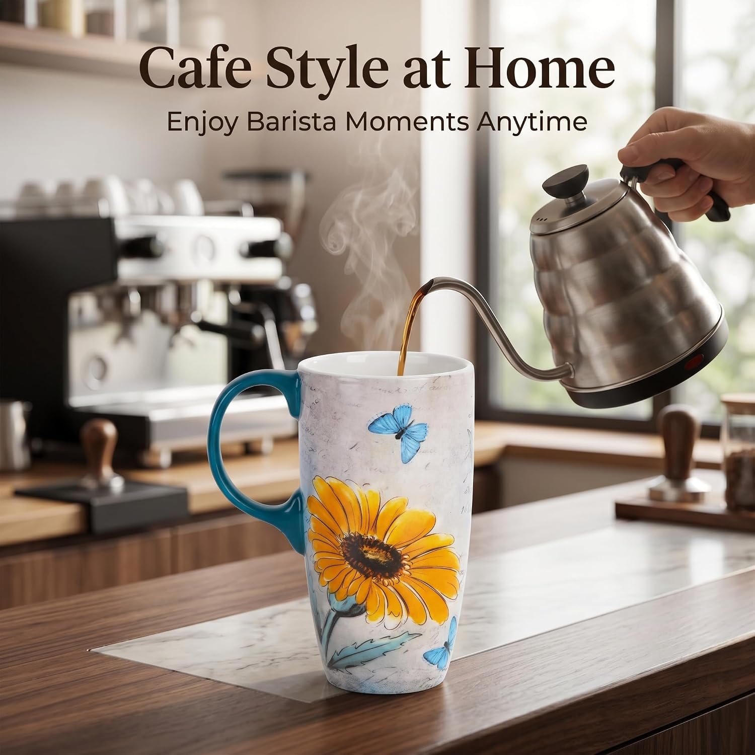 Detalle de Topadorn Ceramic Travel Mug with Spill-Resistant Lid, 17oz (500ml) in Blue Daisy Print