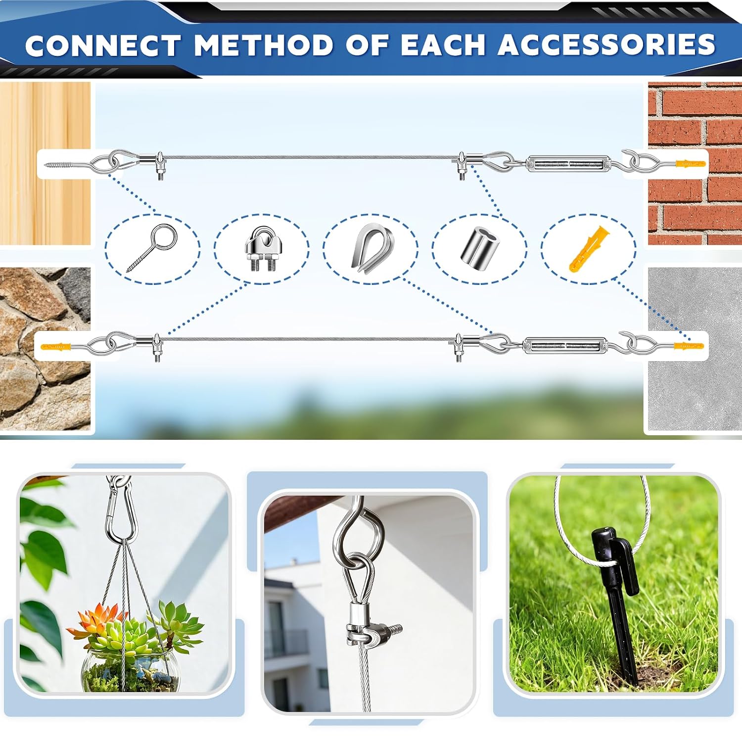 Detalle de Bridokit 50M 2mm Edelstahl Drahtseil-Set mit Befestigungsteilen – vielseitiges DIY-Kit