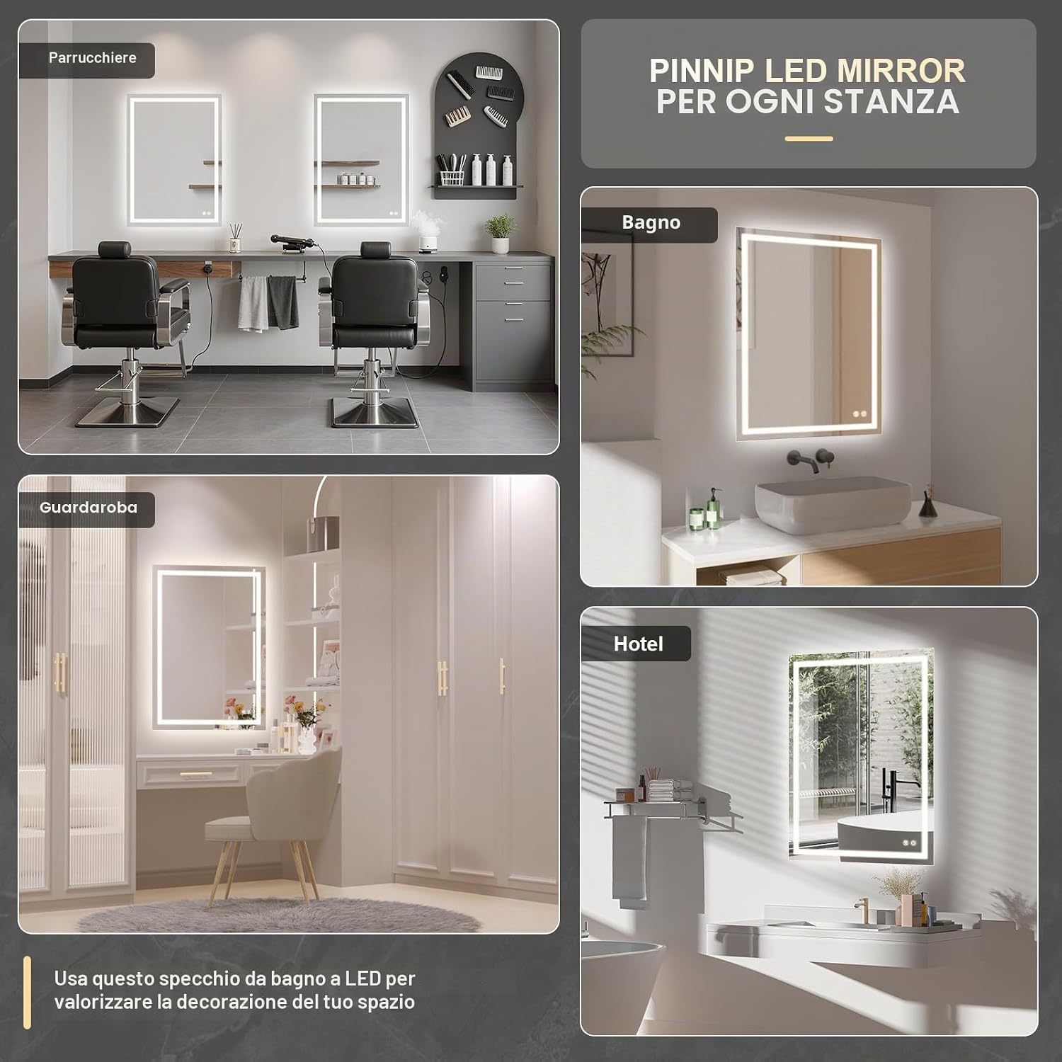Detalle de PINNIP Specchio Bagno con Luce LED Rettangolare 80x60 cm, Antifog, Vetro Temperato, Dimmerabile 3 Colori