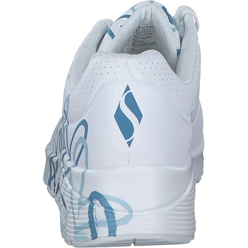 Detalle de Skechers Damen UNO Spread the Love Trainer – Weiß Duraleather mit blauem Herzprint, Größe 38 EU