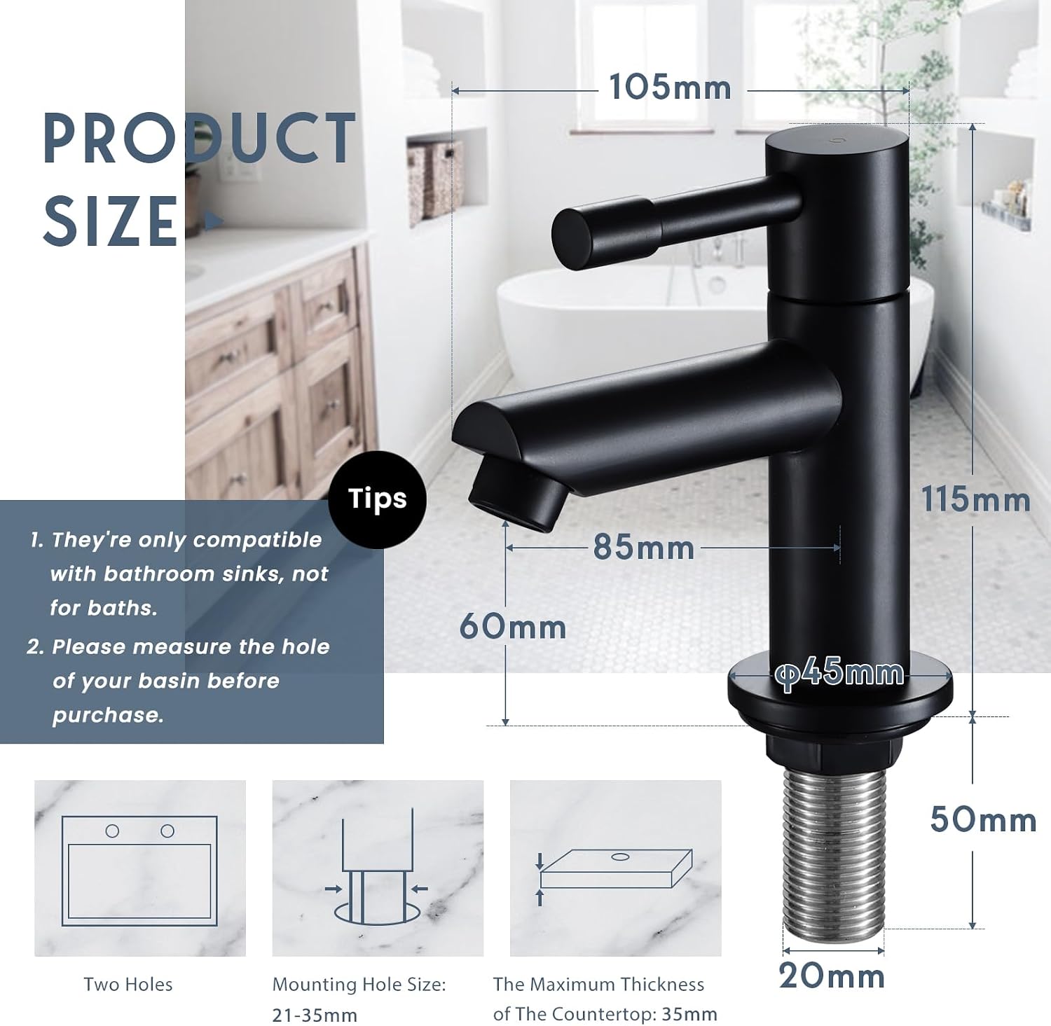 Detalle 2 de Wasserrhythm Basin Pillar Taps Pair (Black) – Twin bathroom sink mono 2‑piece cloakroom faucets, matte black stainless steel, lead-free