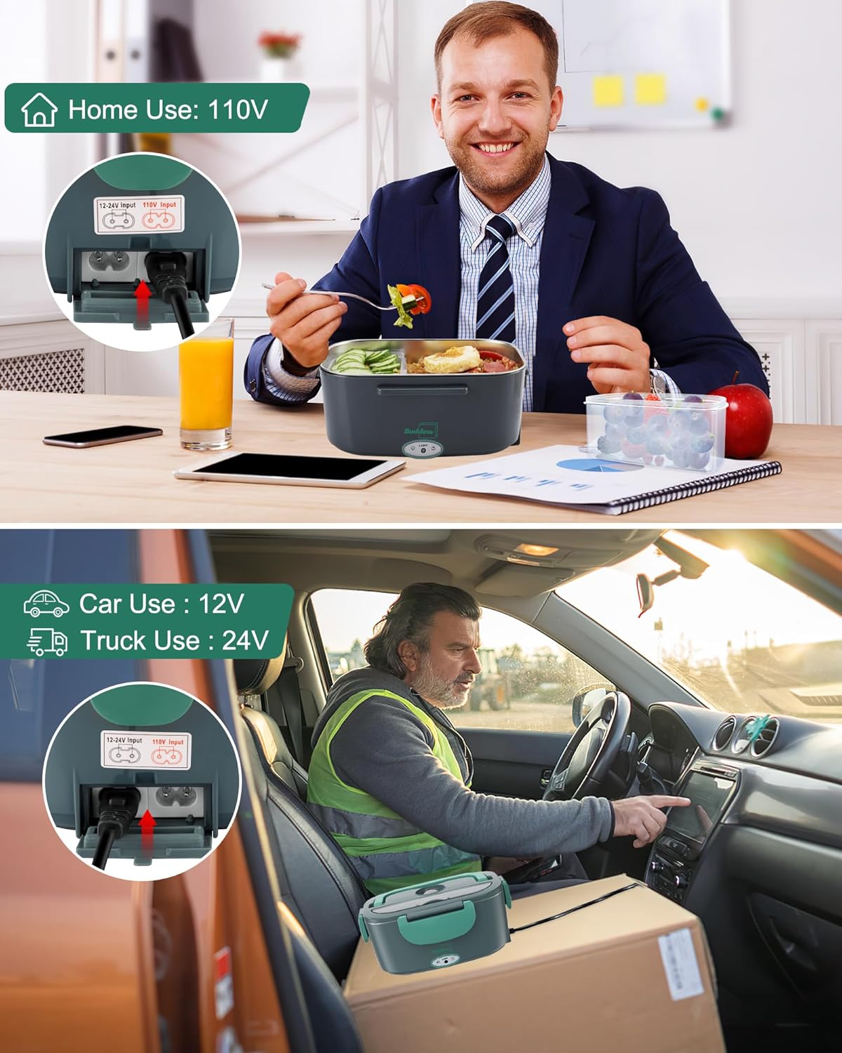 Thumbnail 3 de Buddew Electric Heated Lunch Box: 80W Fast Heating, 1.5L Stainless Steel Duo, 110V/12V/24V Portable Warmer