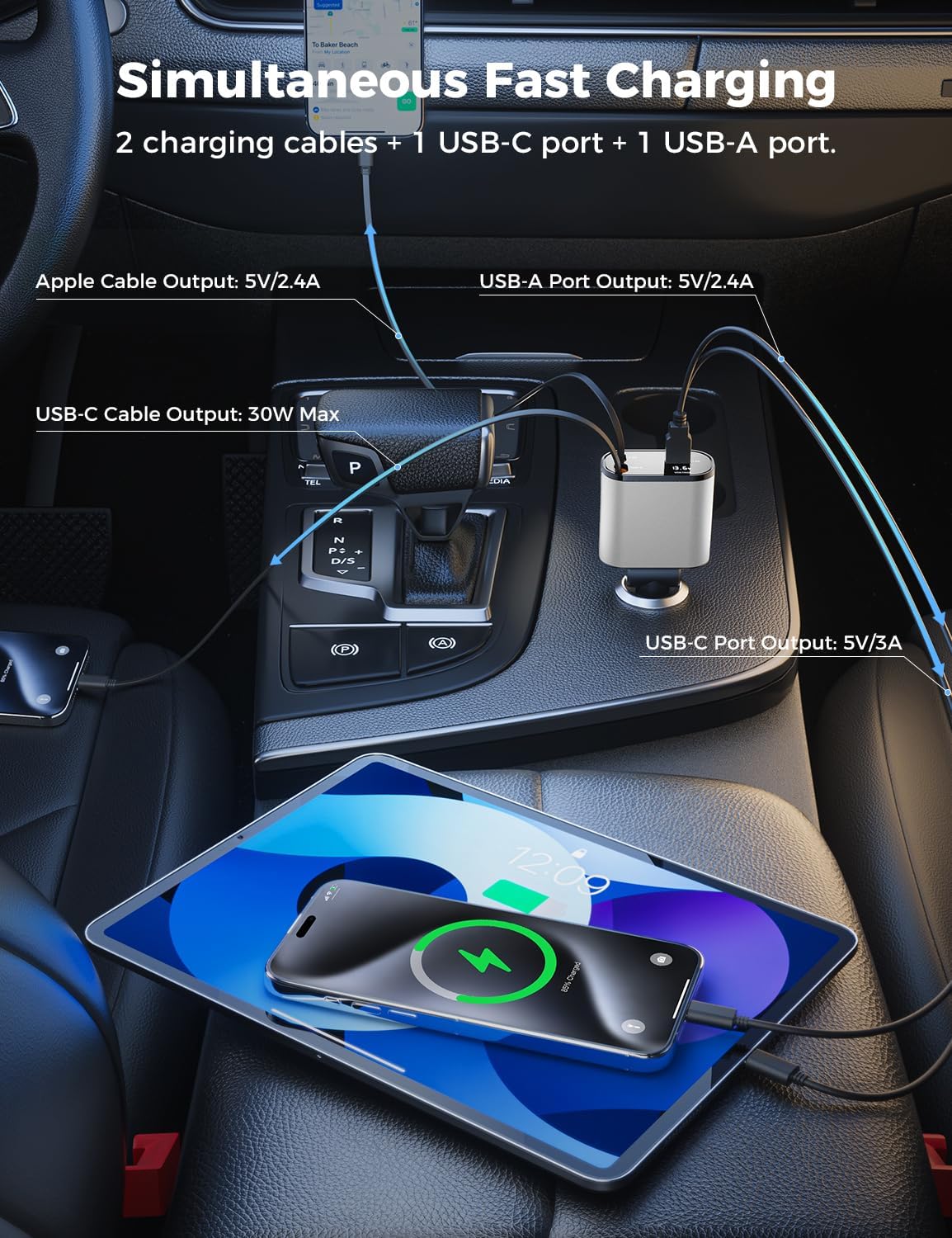 Detalle de SUPERONE Retractable Car Charger with 2.6ft Cord