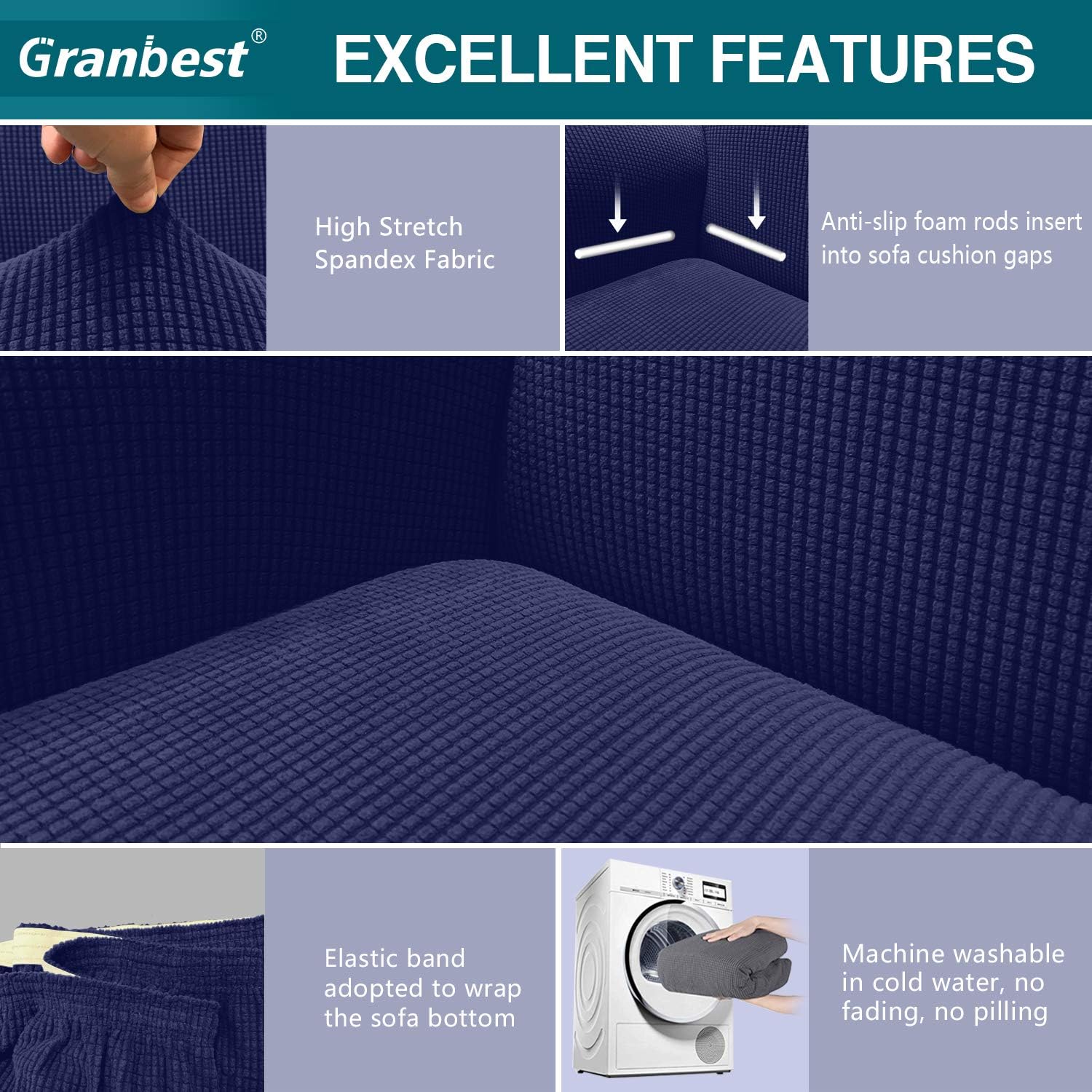 Thumbnail 2 de Granbest High Stretch 3 Seater Sofa Cover (Navy Blue) with Jacquard Spandex Fit