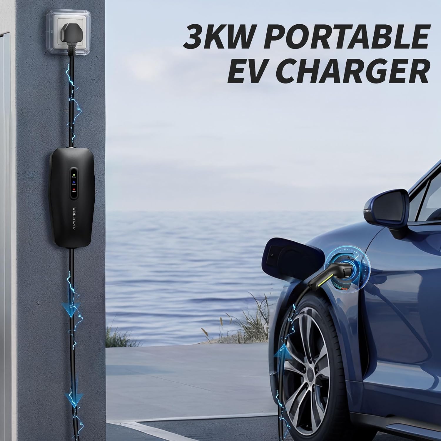 Detalle de VDLPOWERVP EV Charger 3kW Type 2 to 3 Pin Plug — 8m Portable EV Charger for UK