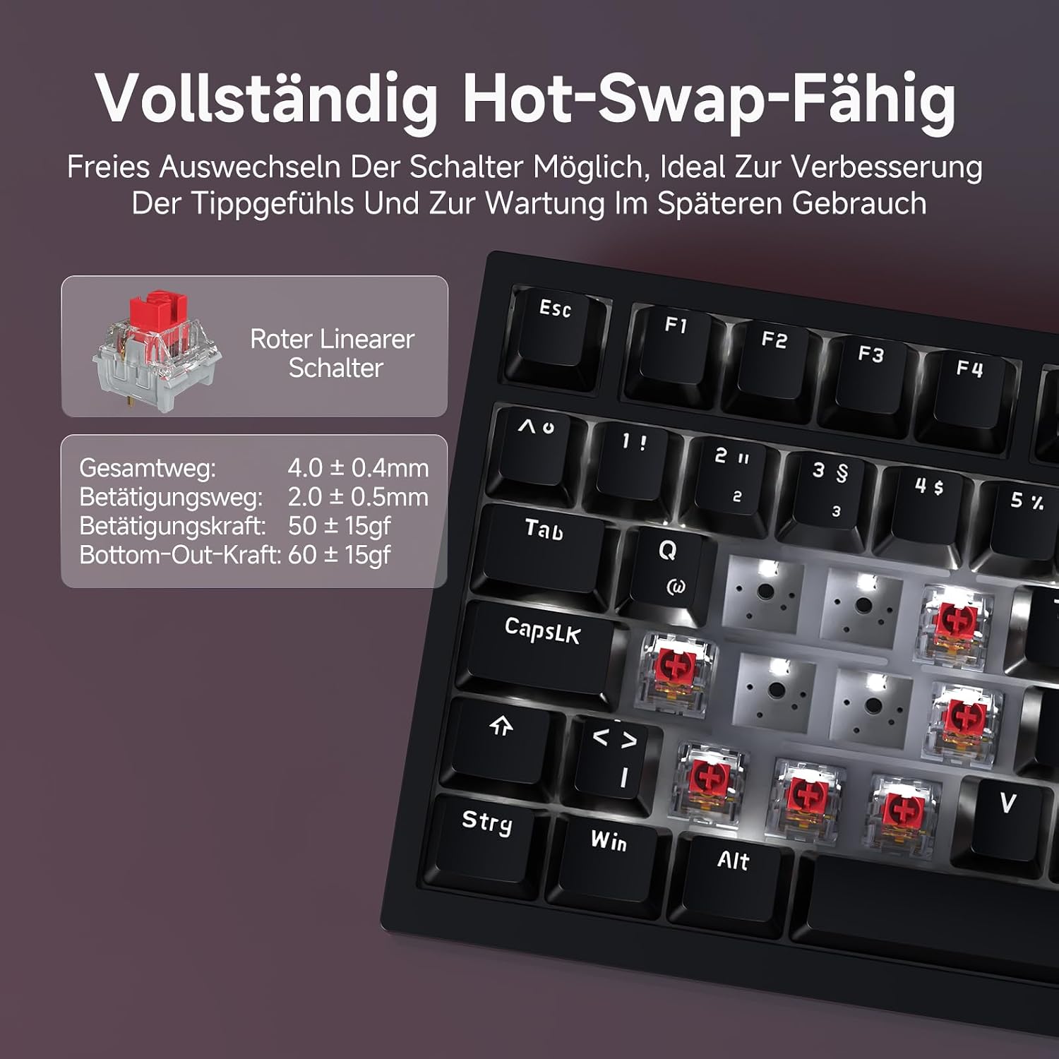 Detalle de AJAZZ AK820 75% mechanische Tastatur mit Hot-Swap, German QWERTZ, PBT-Tastenkappen, Lautstärkeregler und Klangdämpfung