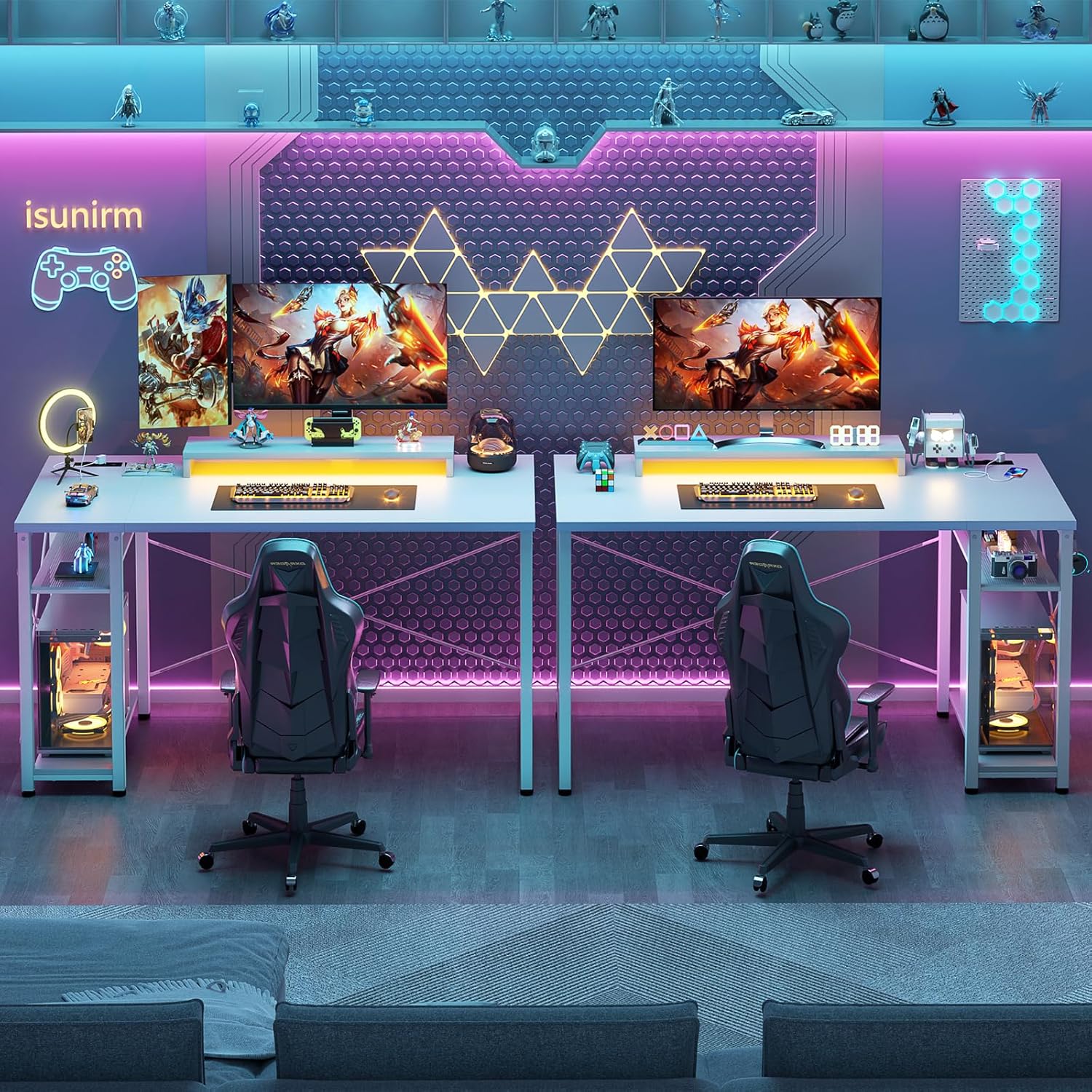 Thumbnail 6 de iSunirm Bureau Gaming Blanc 100×50cm – Bureau gaming compact avec LED RGB, 2 prises et 2 USB intégrés