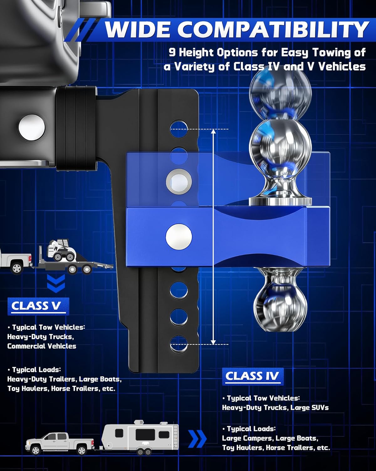 Thumbnail 4 de Orion Motor Tech Adjustable Trailer Hitch (2.5 in receiver, 8 in drop/rise) Class 5 Tow Hitch Ball Mount