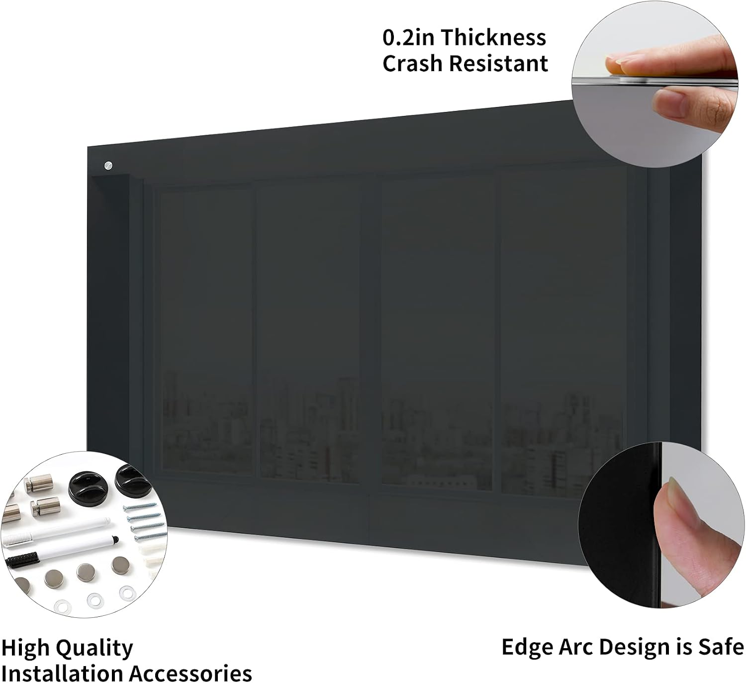 Detalle 2 de R&G Magnetic Glass Whiteboard, 48 x 36 in, Black Frameless Dry Erase