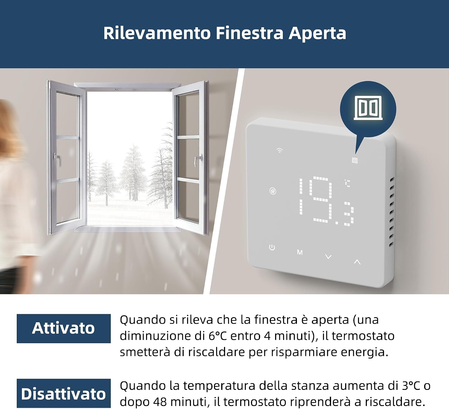 Detalle de Termostato ambiente WiFi TGM-50WPB con programmazione settimanale e controllo smart Tuya (compatibile Alexa e 2,4 GHz)