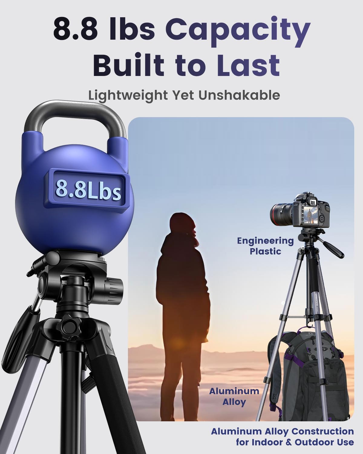 Detalle de CAMBOFOTO 74″ Aluminum Camera Tripod with 360° Pan Head & Phone Mount