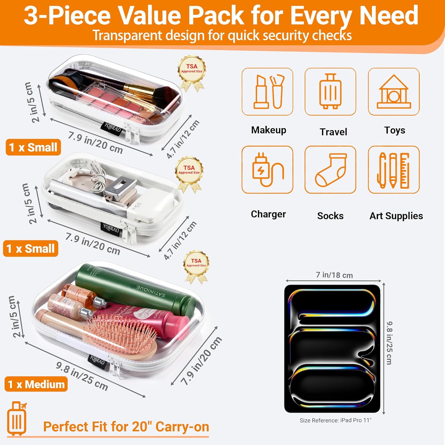 Thumbnail 3 de YQBRAO 3-Pack Clear Hard Shell Zipper Case (1.2mm) TSA-Approved Clear Travel Pouches
