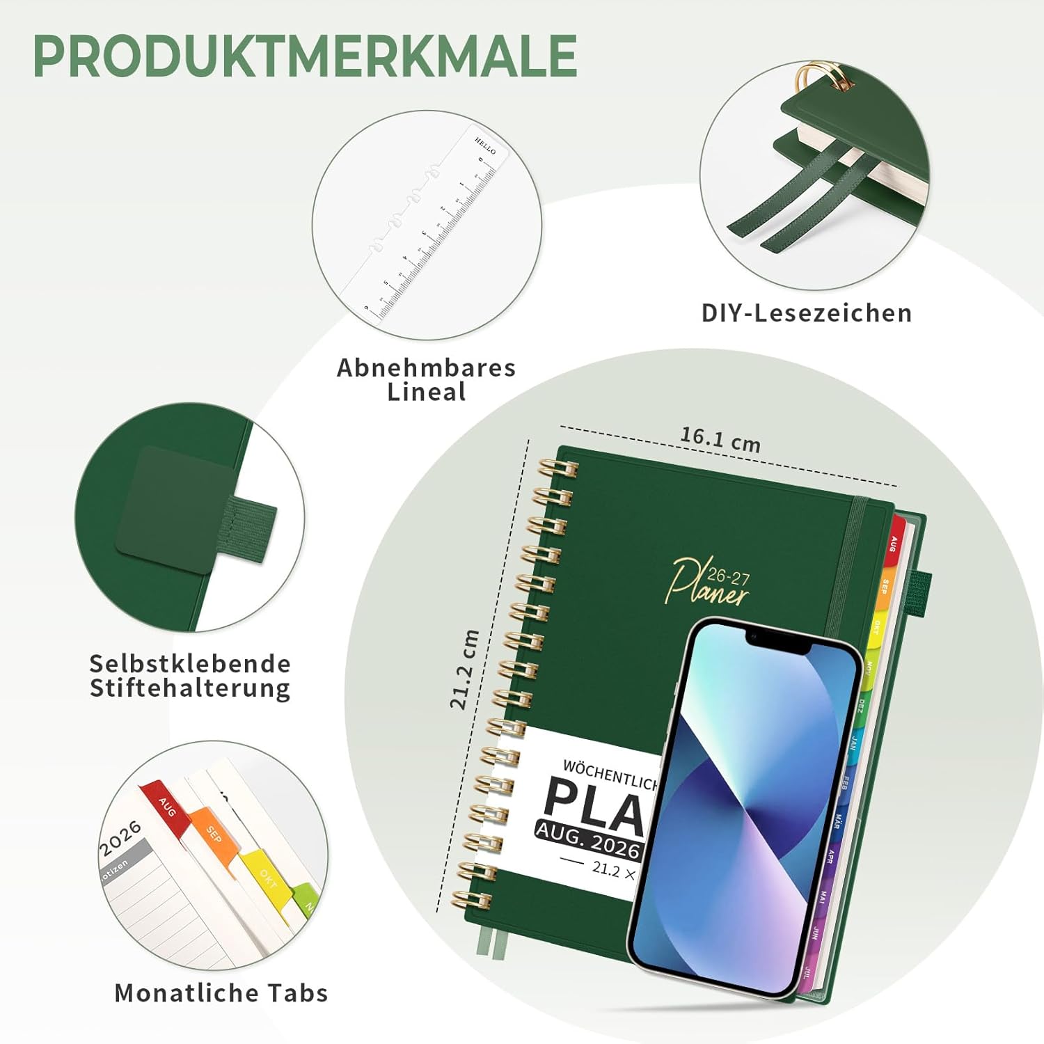 Thumbnail 4 de EMSHOI Kalender 2026/2027 A5 Terminplaner mit 30-Min-Intervallen (Wochenansicht) – Dunkelgrün
