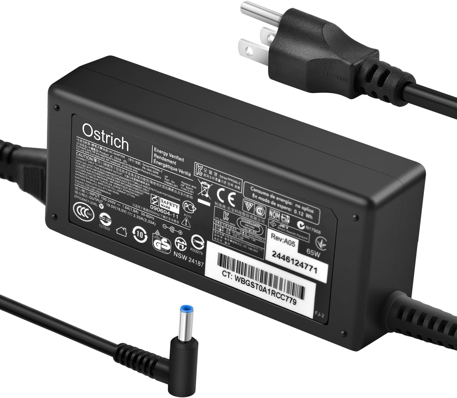 Detalle 2 de Ostrich PPP009L-E HP Laptop Charger, 65W/45W Smart Blue Tip