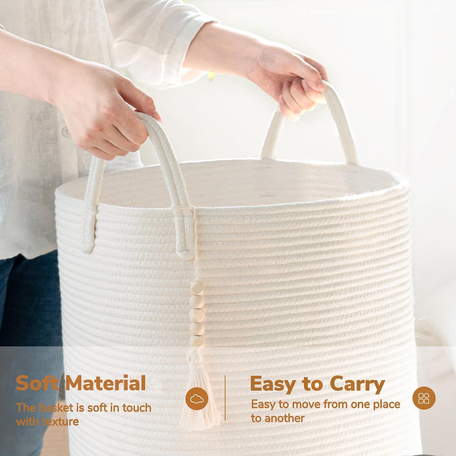Detalle 2 de Goodpick White Cotton Rope Laundry Hamper with Handles, 16 x 20 Inches
