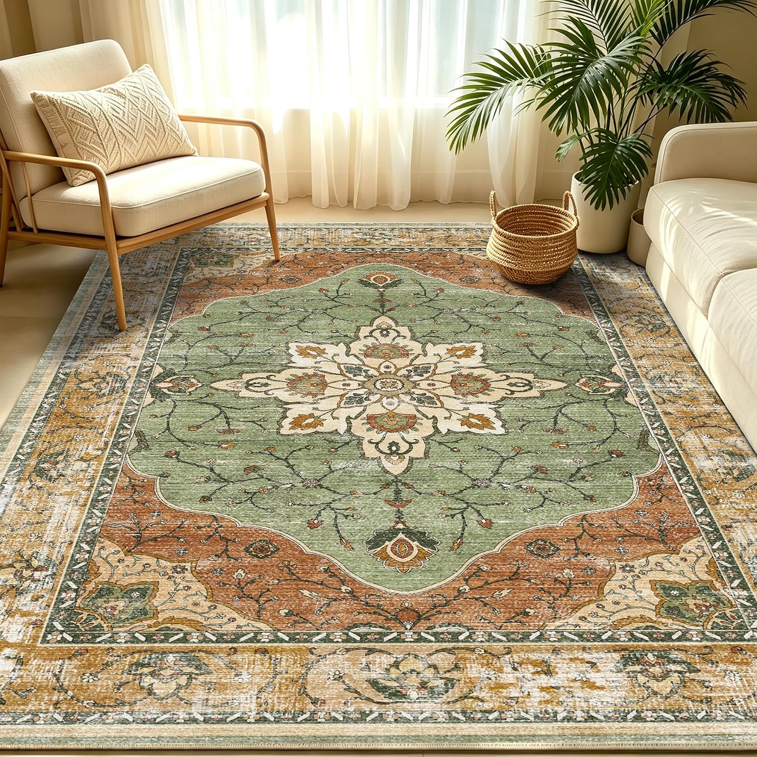 Detalle de YARNSCAPE Area-Rug 5' x 7' Washable Low-Pile Rug, Non-Slip, Sage Green