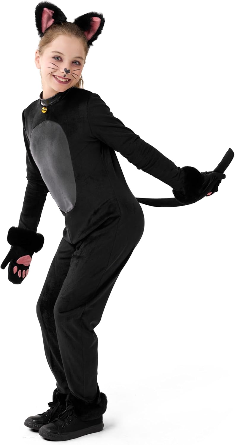 Detalle de Spooktacular Creations Girls Cat Costume, Plush Black Jumpsuit with Detachable Tail