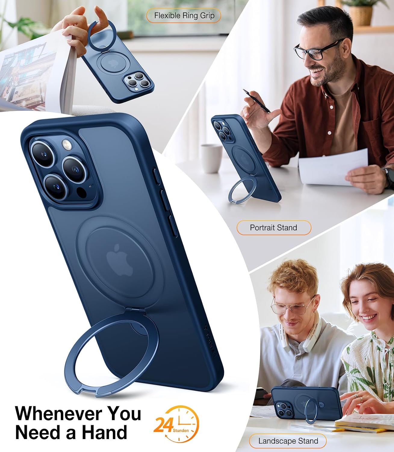 Detalle de TORRAS Magnetic Ostand for iPhone 15 Pro Max (6.7") Case with MagSafe, Built-in Kickstand, Blue Titanium