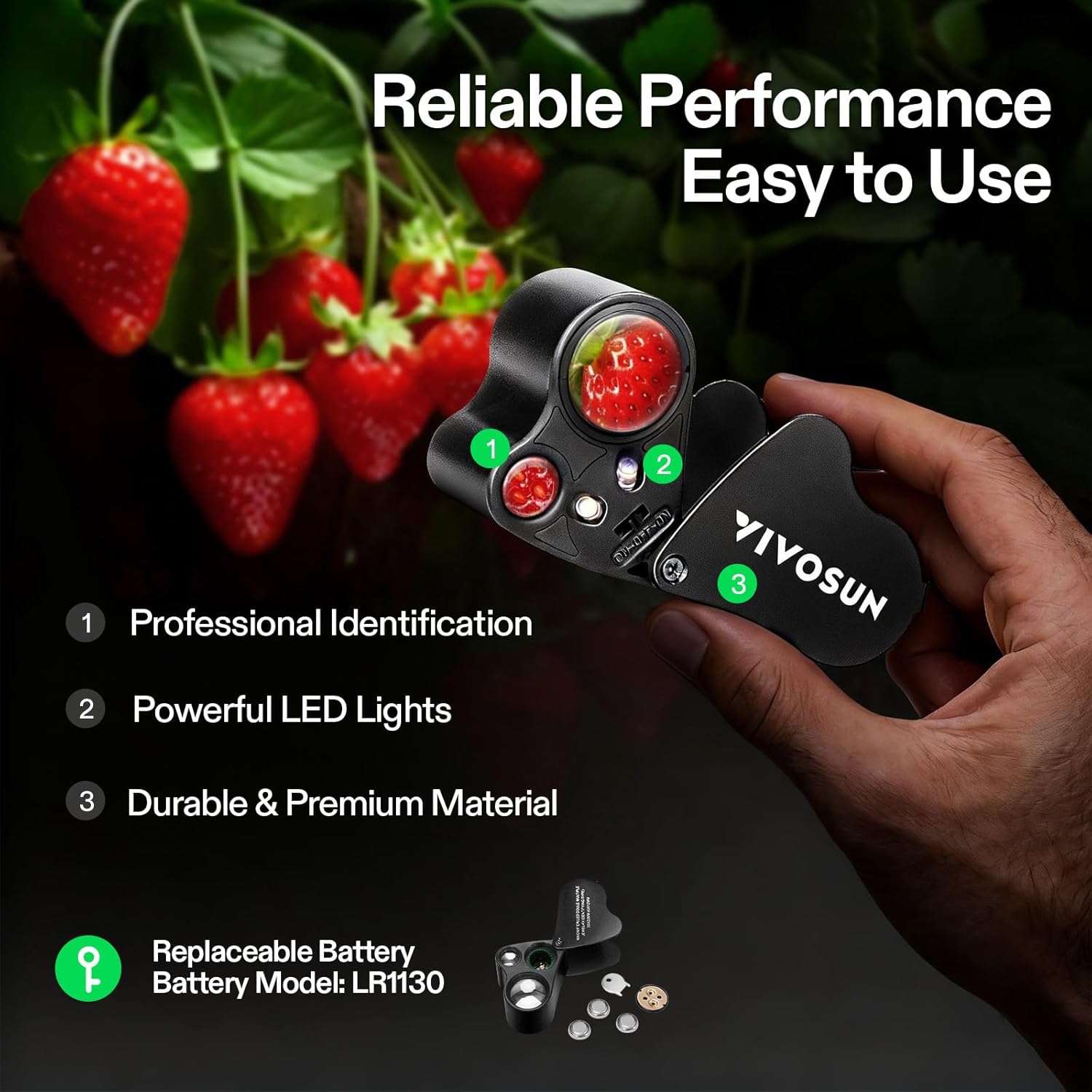 Detalle de VIVOSUN Lente di Ingrandimento 30X / 60X con LED, Pieghevole in Alluminio – Per Gioielli, Diamanti, Monete e Collezionismo (Nero)