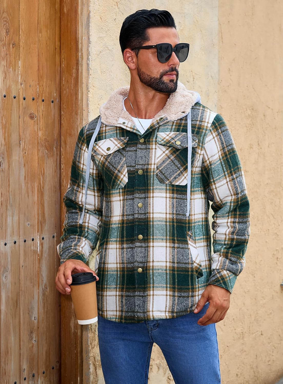 Detalle de Shawnda Men's Hooded Sherpa-Lined Flannel Shirt Jacket with Snap Front