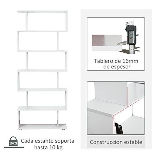 Thumbnail 5 de HOMCOM Estantería Librería S de Madera, 6 Estantes Blanco
