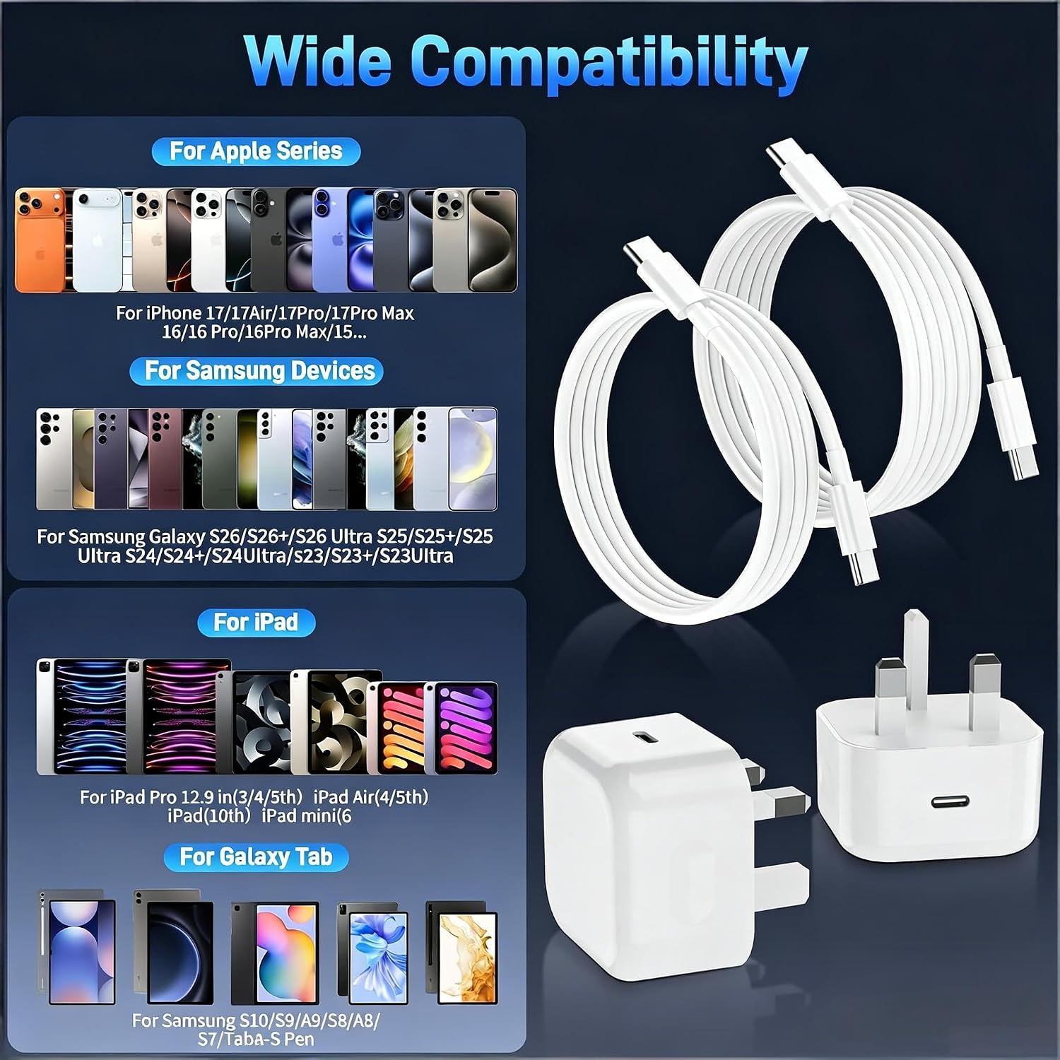 Detalle de 20W USB-C Fast Charger Plug (iPhone 17/16/15) with 1M+2M USB-C to USB-C Cable – UK Power Adapter
