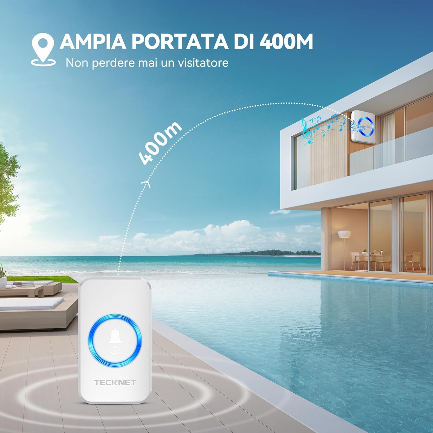 Thumbnail 1 de TeckNet Campanello Wireless Impermeabile da Esterno 400 m, 60 Melodie e 5 Volumi – Kit con Trasmettitore IP65 e Ricevitore Plug-in