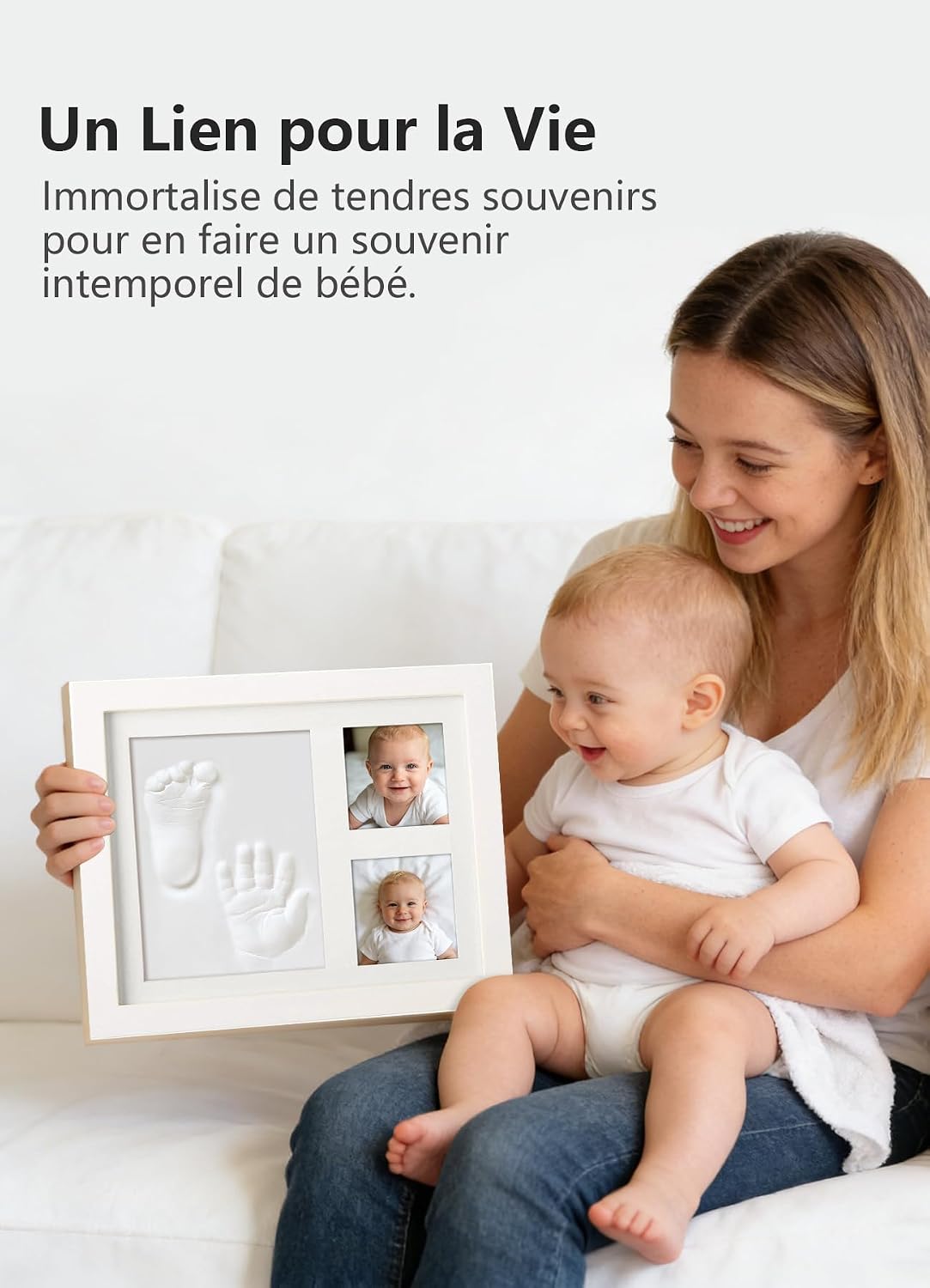 Detalle de PewinGo Cadre Empreintes Bébé — Kit d'empreintes pieds et mains personnalisé, cadre photo bois blanc