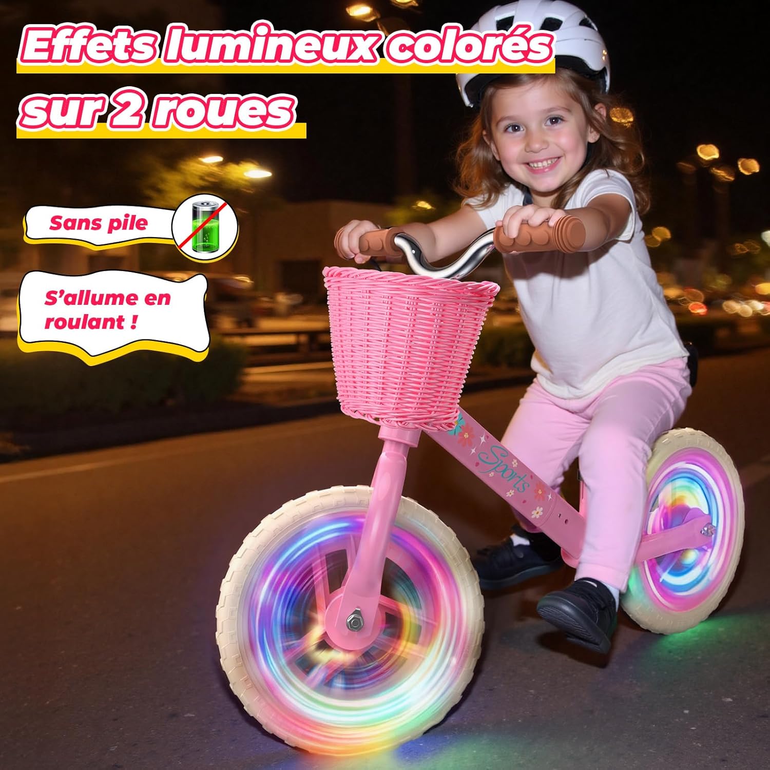 Detalle de HappyGoLucky draisienne évolutive 2 à 5 ans avec roues lumineuses, hauteur réglable et panier tressé