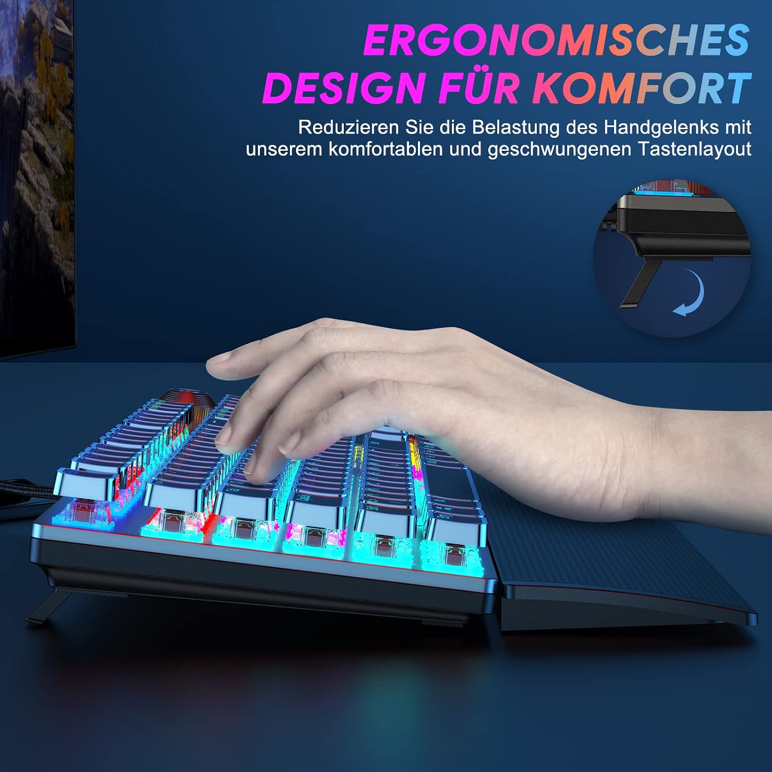 Thumbnail 2 de TECURS Mechanische Gaming Tastatur – QWERTZ mit magnetischer Handgelenkauflage, 105 Tasten, rote Schalter, 19 LED Modi