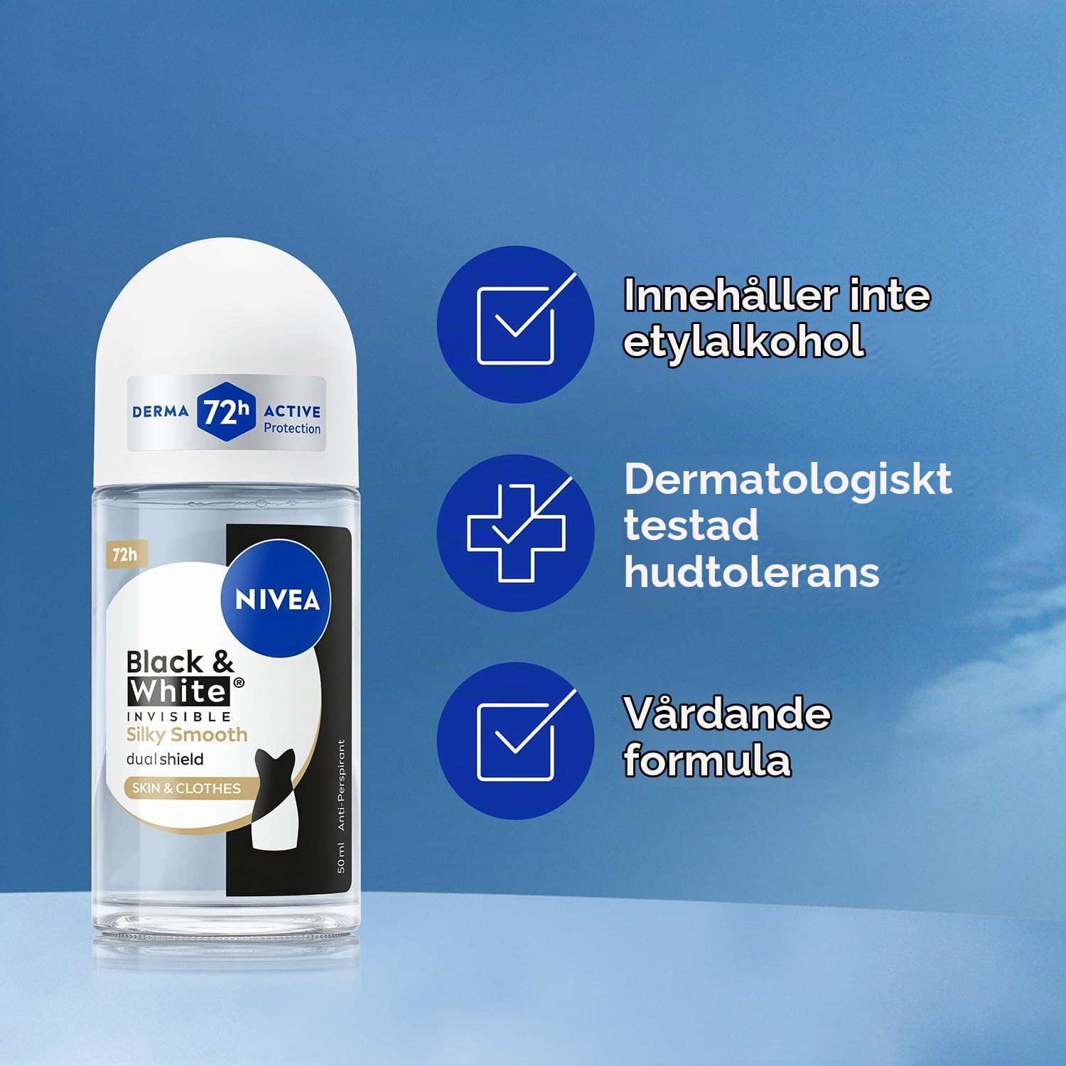 Detalle 1 de NIVEA Black & White Silky Smooth antiperspirant roll-on, 72 h, 50 ml