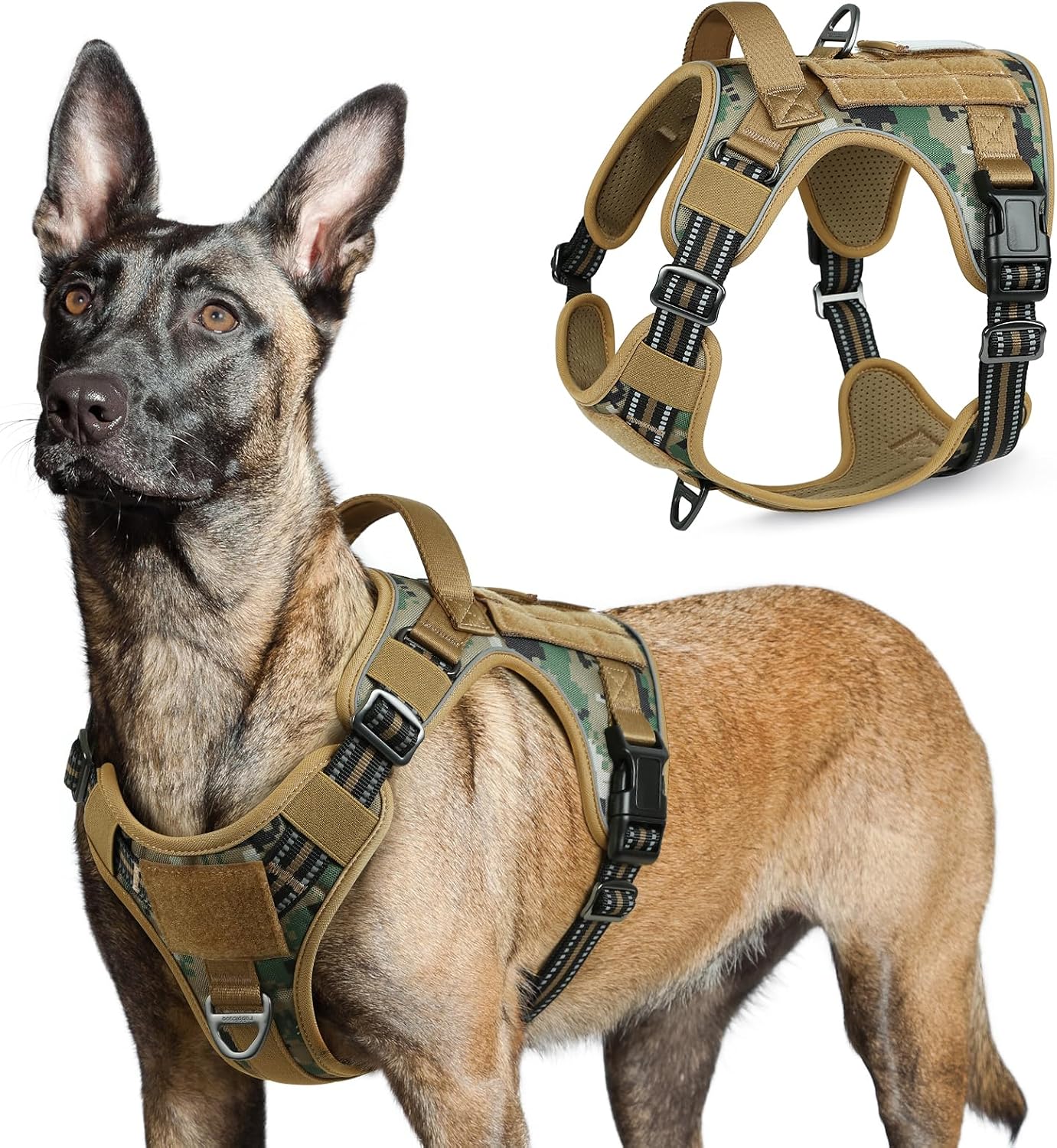 Detalle de rabbitgoo Large Dog Tactical No-Pull Harness with Molle Panel (Brown Camo) – Adjustable, Reflective Control Handle, Size L