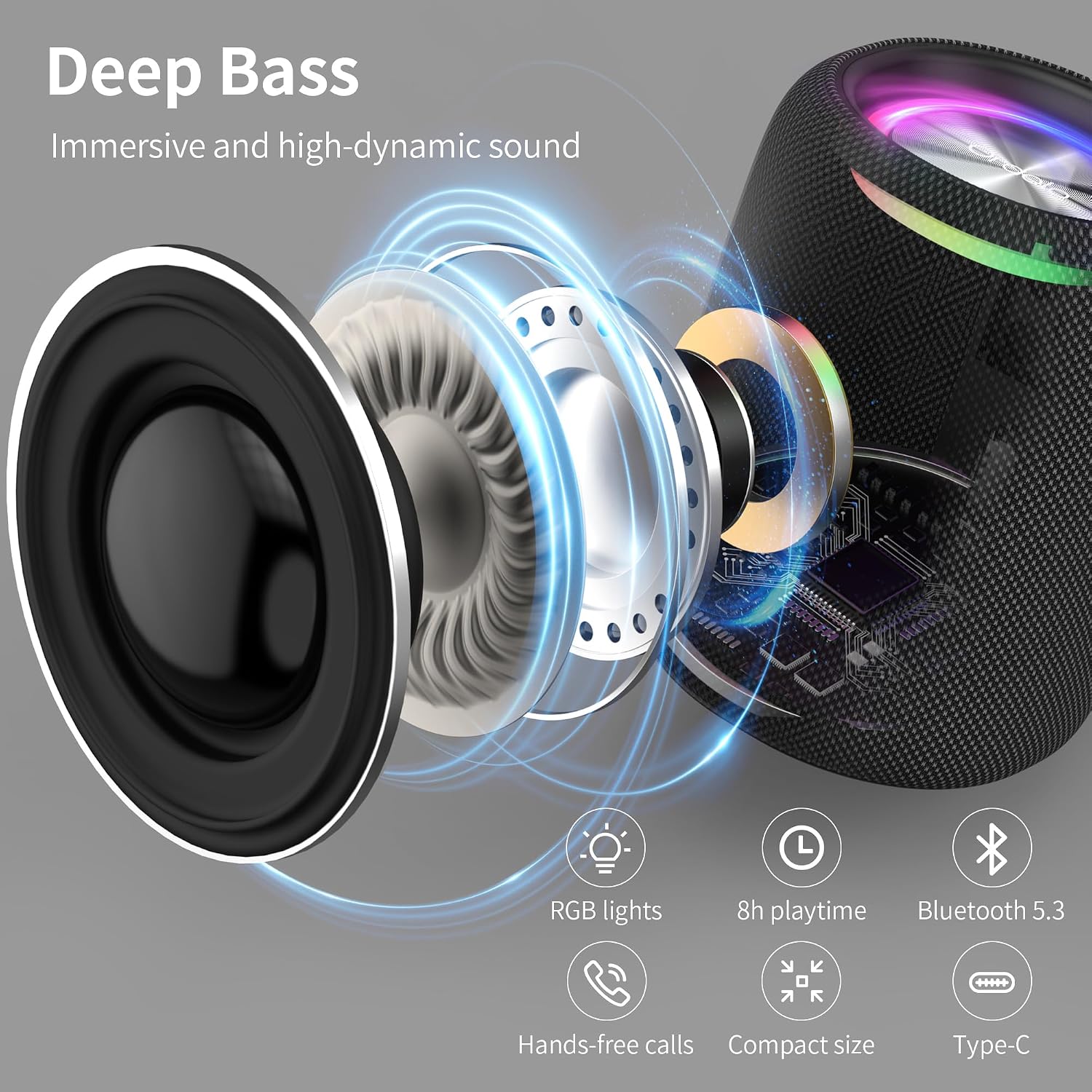 Detalle 2 de Oraolo Bluetooth Speaker with Bluetooth 5.4, IPX6, RGB Lights and 8-Hour Playtime