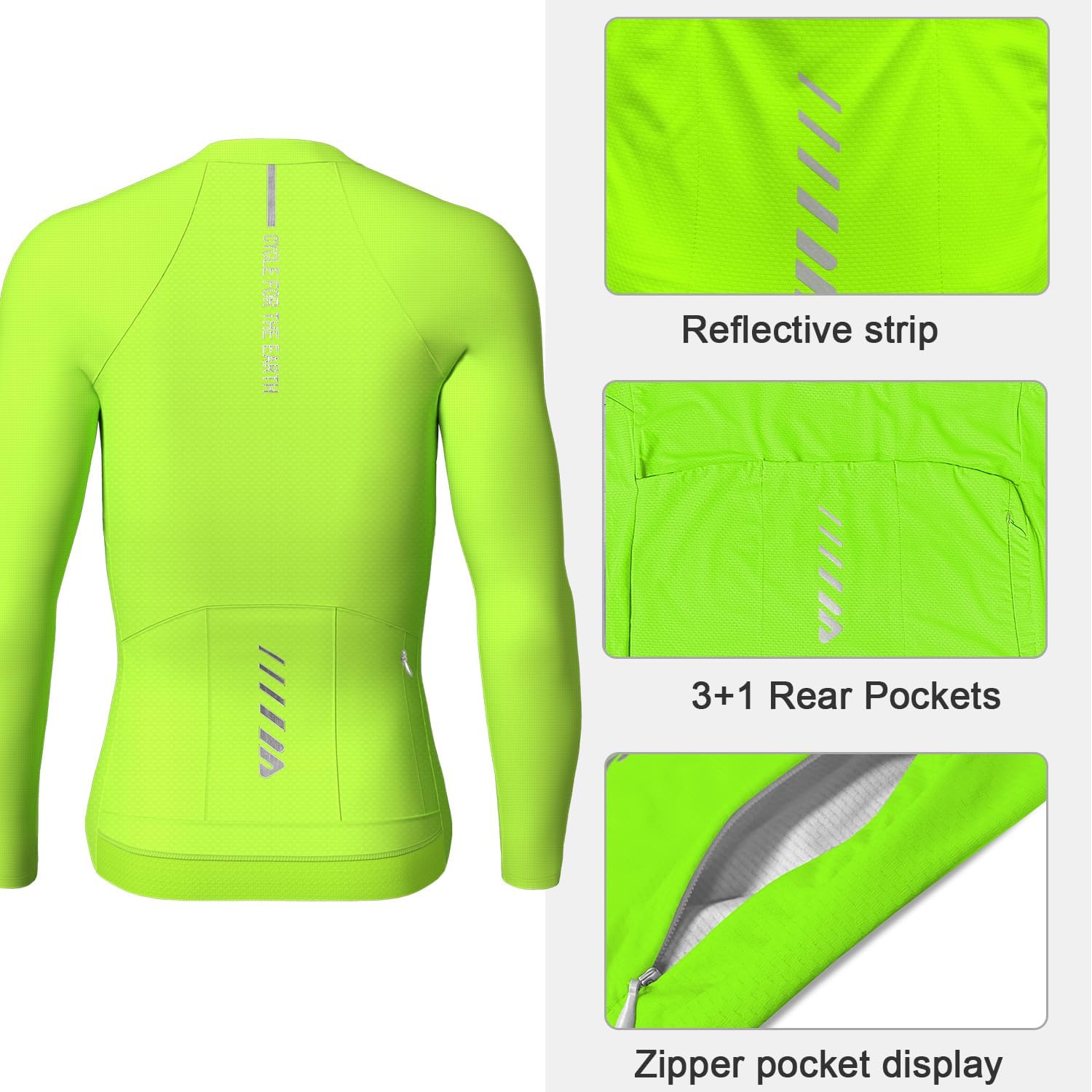 Detalle de Wulibike Men's Cycling Jersey with 3+1 Pockets, Reflective Strips and Quick-Dry Breathable Fabric