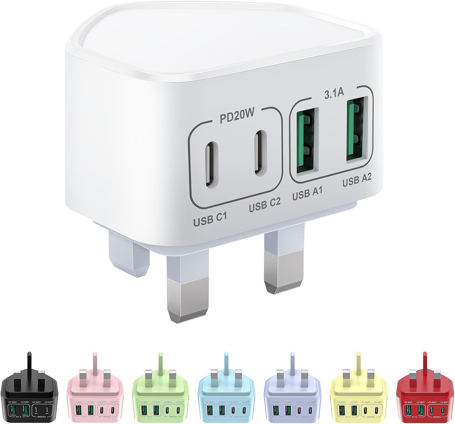 Detalle de Saqykan 40W 4-Port USB-C Plug Fast Charger UK (2x USB-C, 2x USB-A) – Compact Power Delivery & Quick Charge 3.0