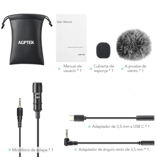 Thumbnail 6 de AGPTEK Z02C micrófono de solapa con parabrisas, cable de 2 m y 3 adaptadores