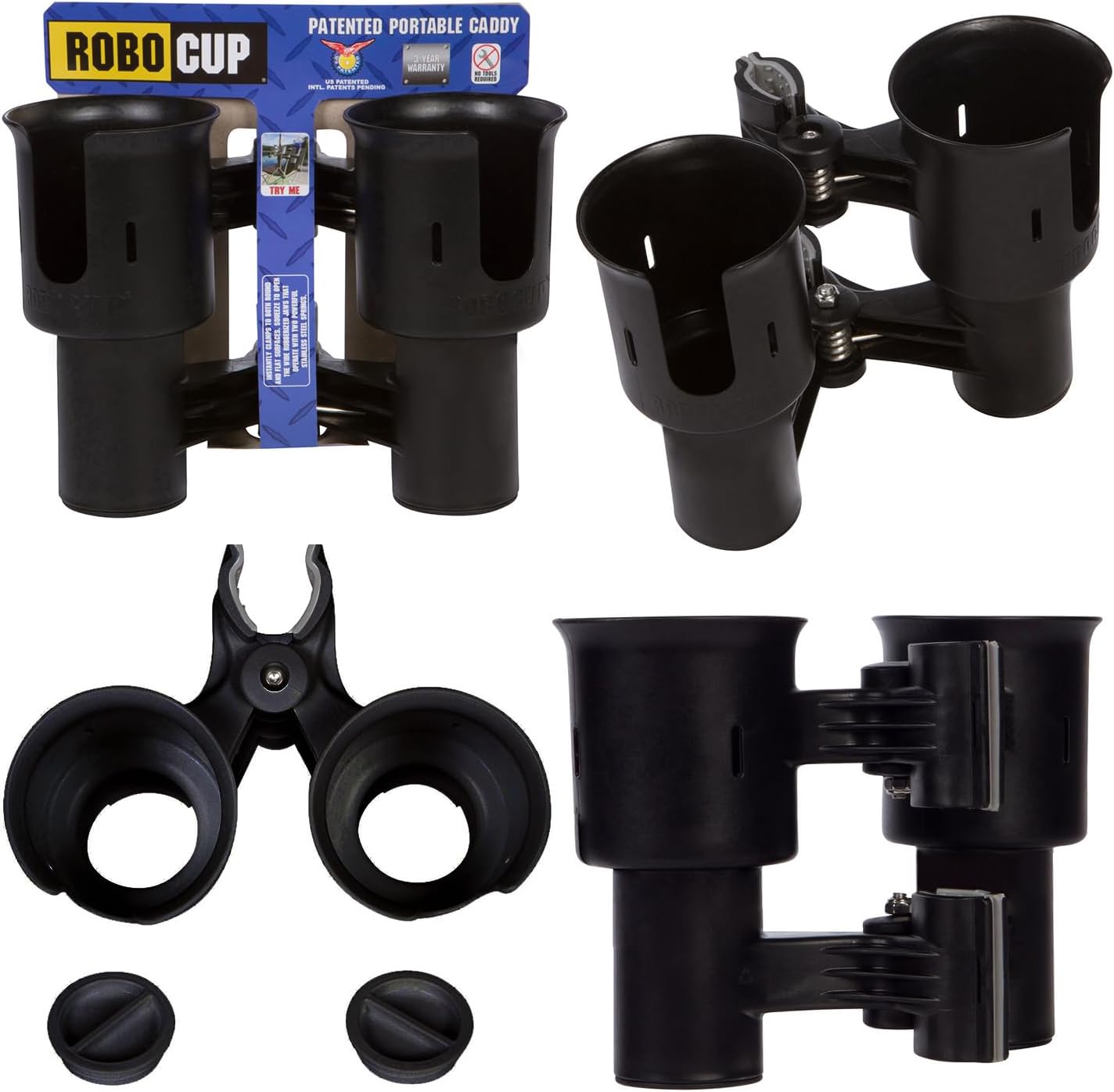 Detalle de T-H Marine Supplies, Inc. ROBOCUP マリン用ドリンクホルダー ブラック 2本収納・工具不要クランプ