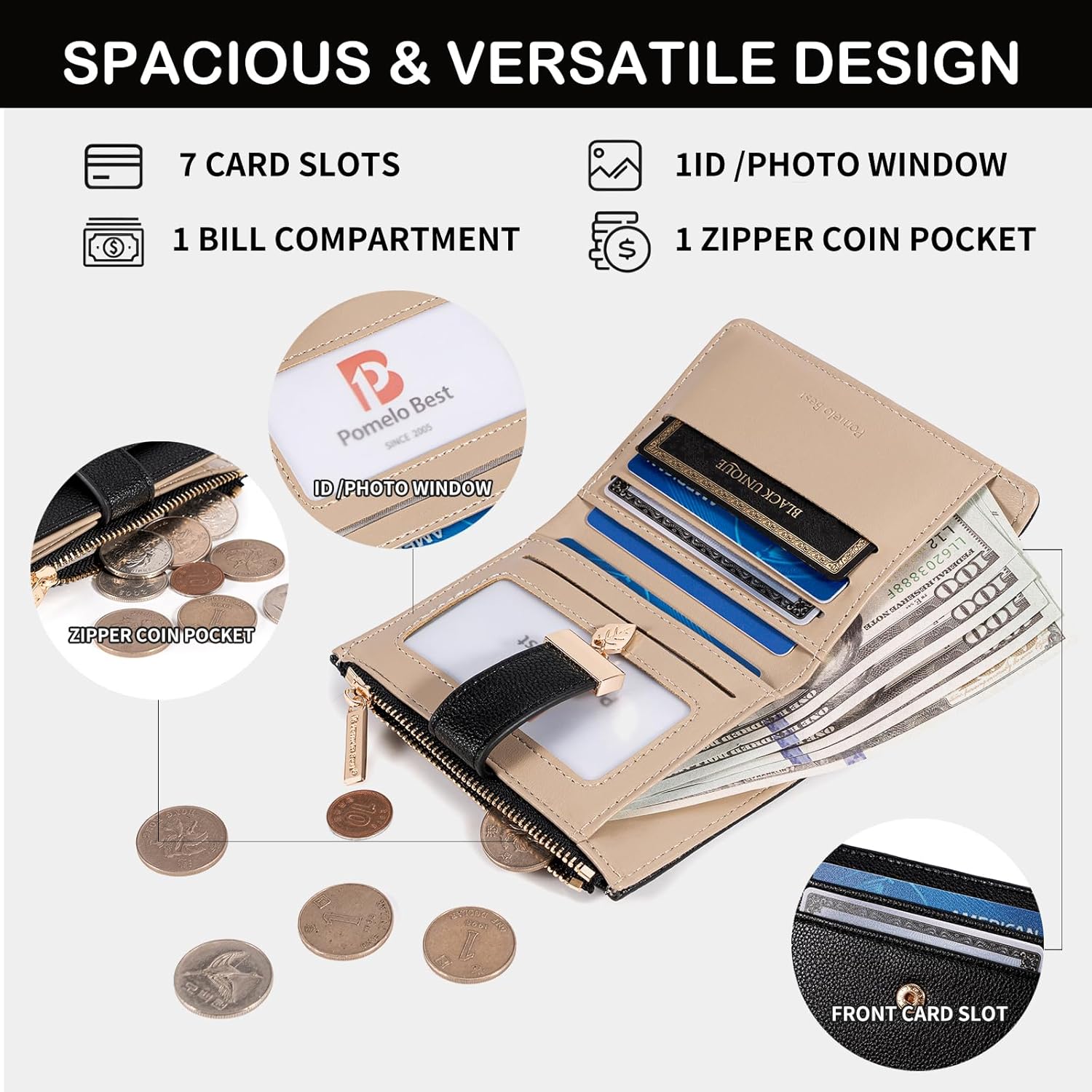 Detalle 2 de Pomelo Best Women's Vegan Leather Bi-fold Wallet with Leaf Charm
