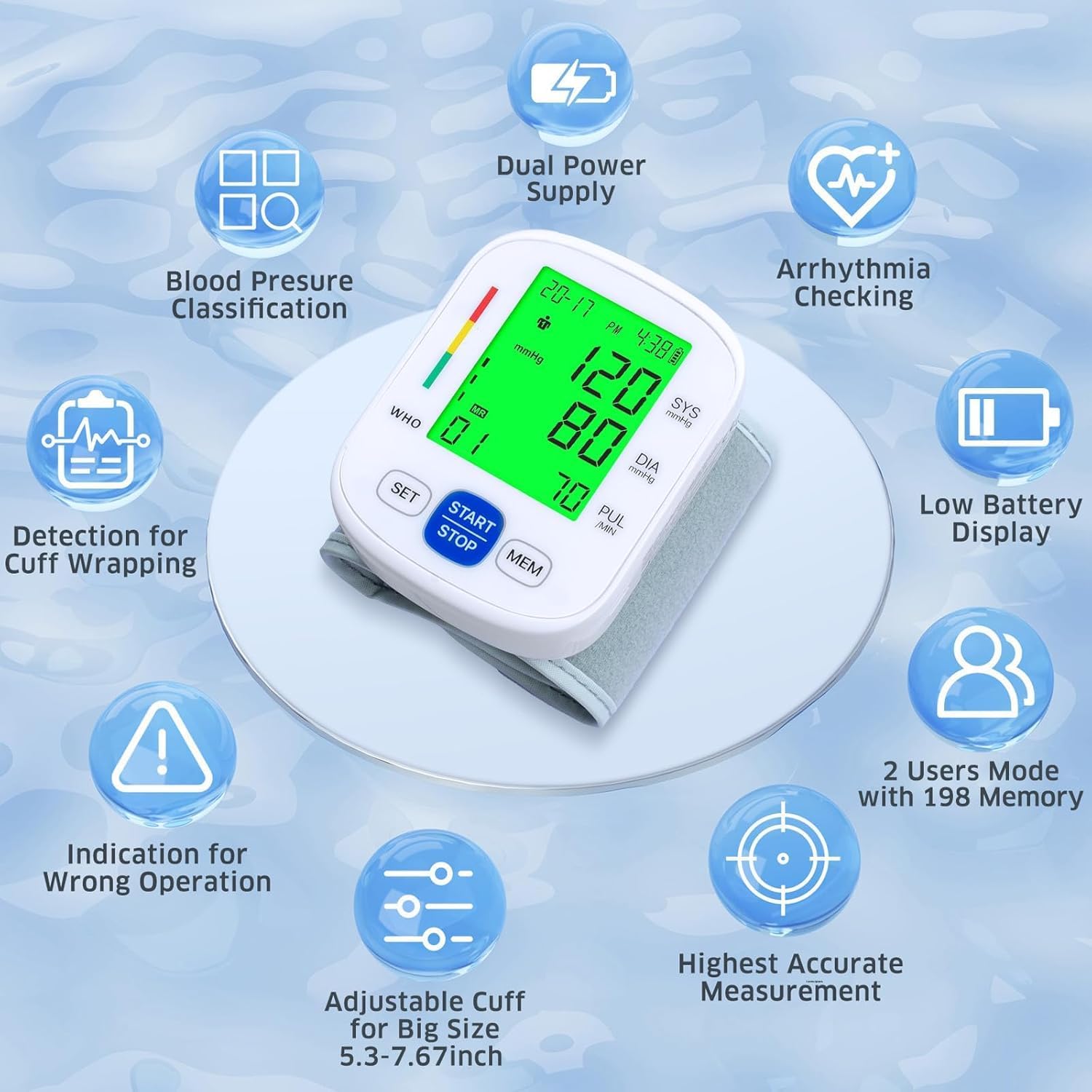 Detalle de FACEIL BSX325 Wrist Blood Pressure Monitor with Adjustable Cuff and 2-User Memory