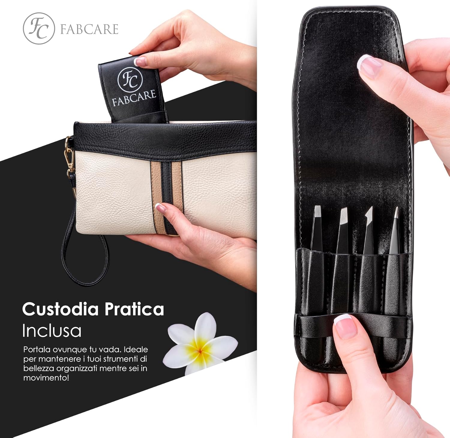 Detalle 2 de FABCARE Set di Pinzette per sopracciglia con astuccio e spazzola (5 pezzi) – punte migliorate