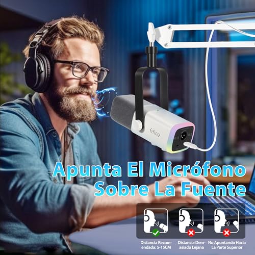 Detalle de FIFINE XLR Streaming: Micrófono dinámico para podcast y streaming, USB/XLR, RGB, Blanco