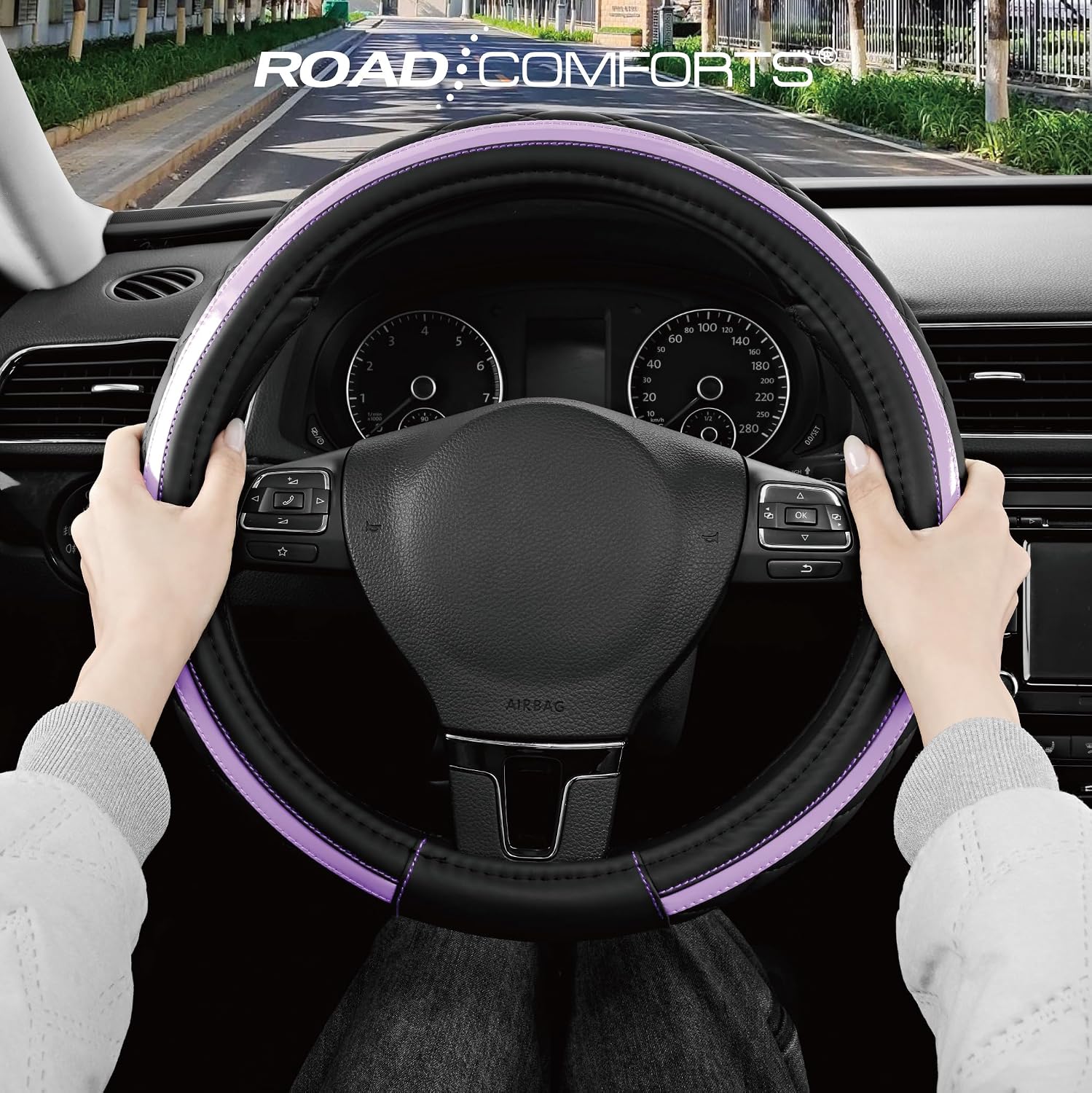 Thumbnail 5 de Road Comforts Leather Steering Wheel Cover – Black & Purple (14.5–15 Inch Universal Fit)