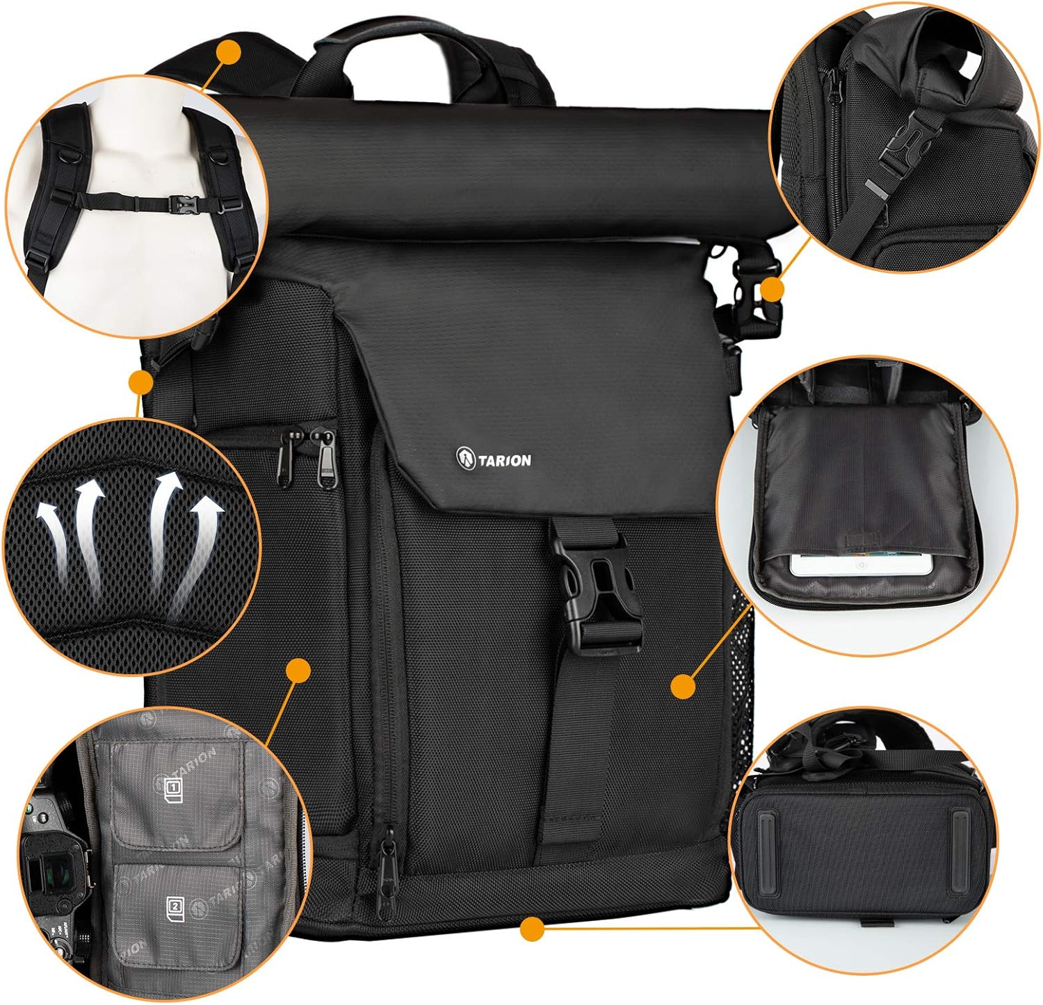 Detalle 2 de TARION Zaino rolltop per fotocamera impermeabile con vano rimovibile per laptop fino a 15,6