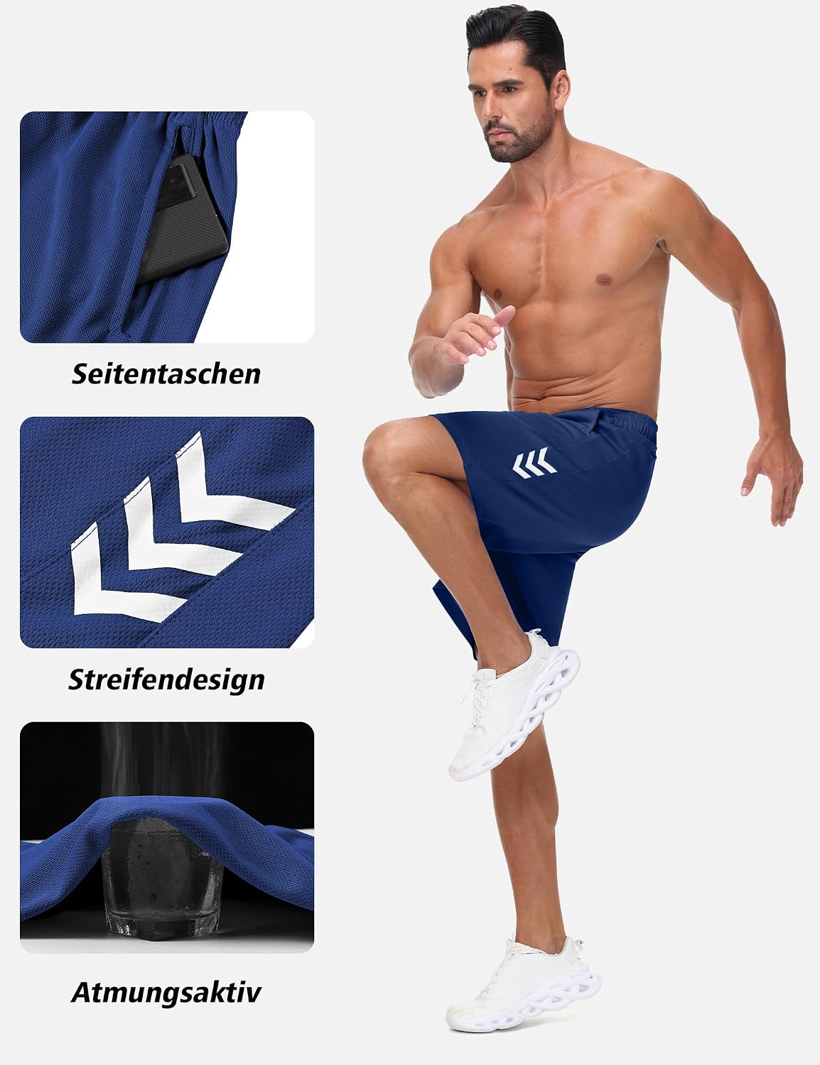 Detalle de Kuzwufs Herren Sporthose Kurze: Atmungsaktive Dry-Fit Laufshorts mit Reißverschlusstaschen