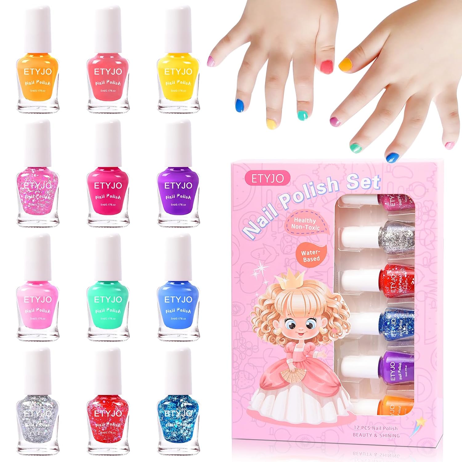 Detalle de ETYJO Kindernagellack Ungiftig – 12 Glitzerfarben, schnell trocknend, Peel-Off auf Wasserbasis