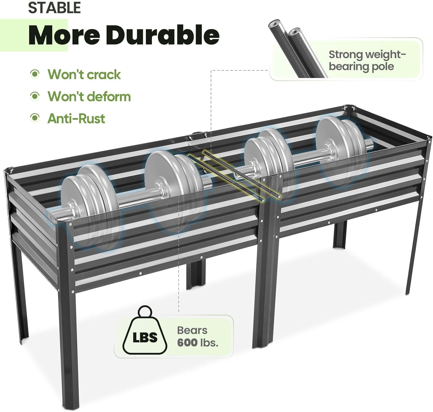 Detalle de KING BIRD Raised Garden Bed with Legs (Galvanized) — Dark Grey Elevated Planter Box, 600 lb Capacity
