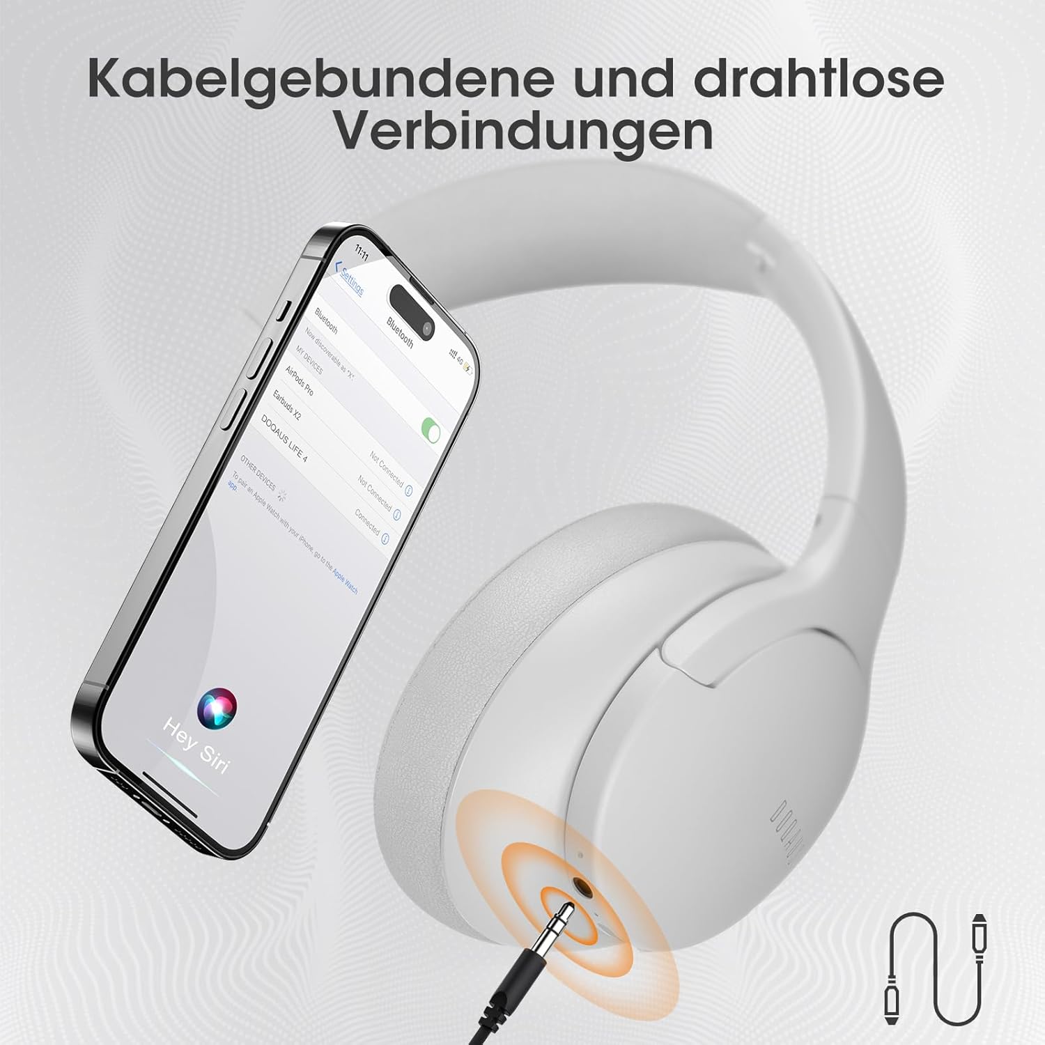 Thumbnail 3 de DOQAUS Kabellose Bluetooth Over-Ear-Kopfhörer mit bis zu 90 Std. Laufzeit, 3 EQ-Modi & Mikrofon (faltbar, hellgrau)